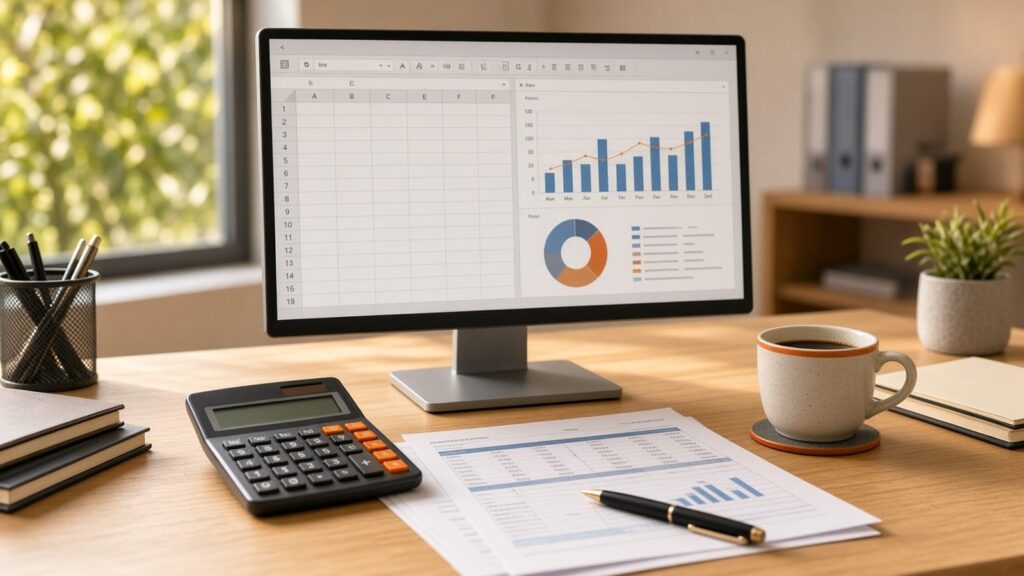 Accounting office desk with a spreadsheet and charts on a monitor and a calculator