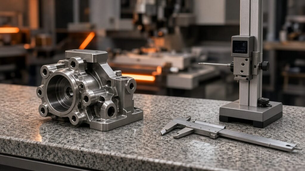 Precision aerospace part being inspected in a clean machine shop