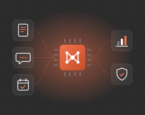 Illustration of documents, messages and calendar tasks flowing into an automated workflow