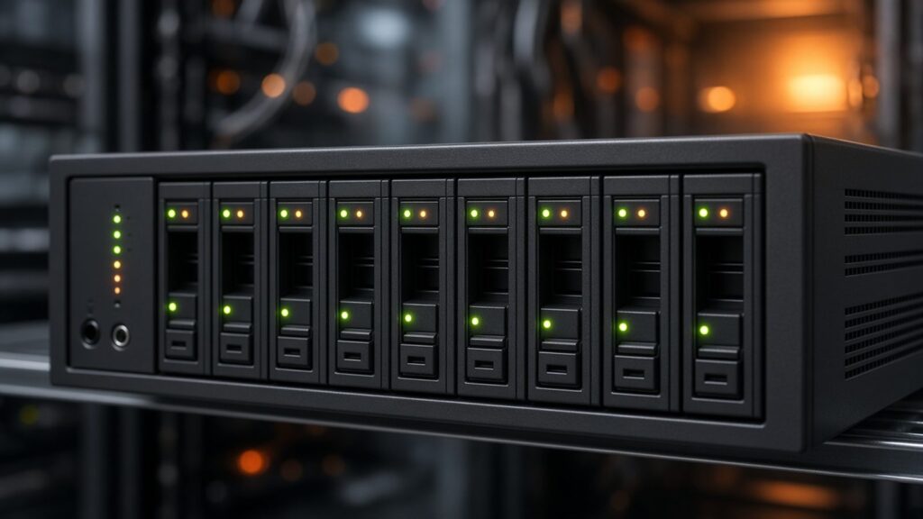 Backup storage appliance with drive bays and green status lights