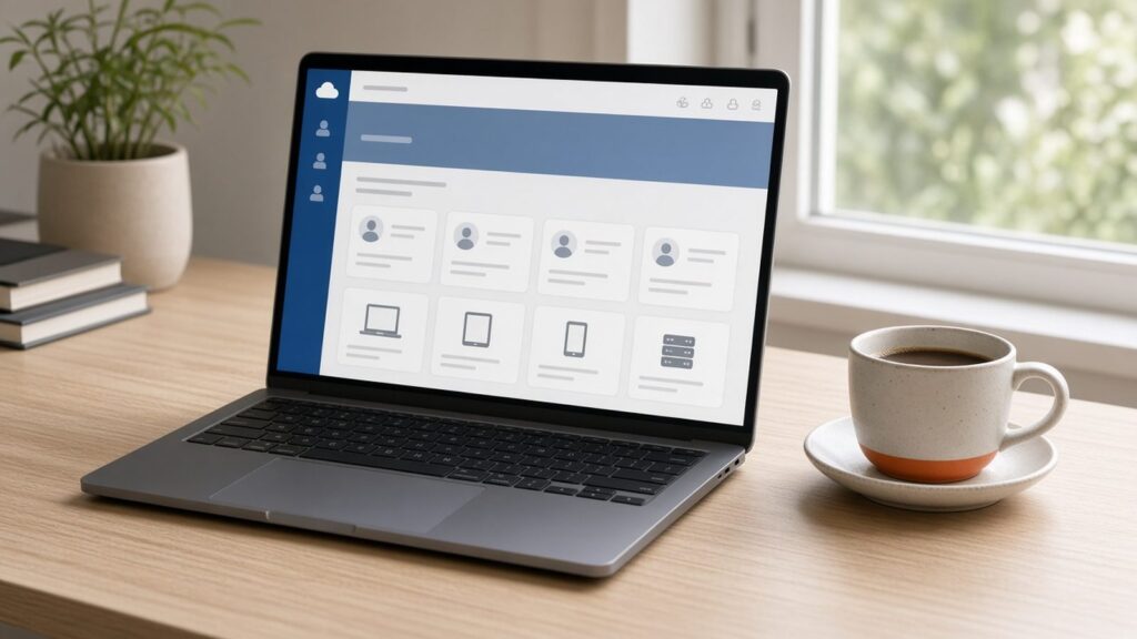 Laptop showing a cloud admin console on a desk beside a window