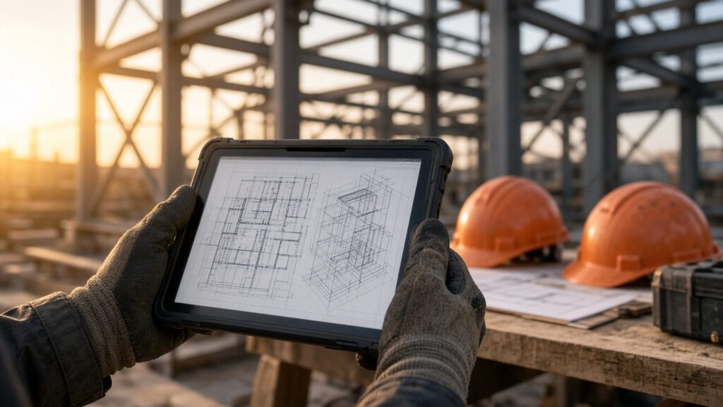 Rugged tablet showing construction plans on a job site