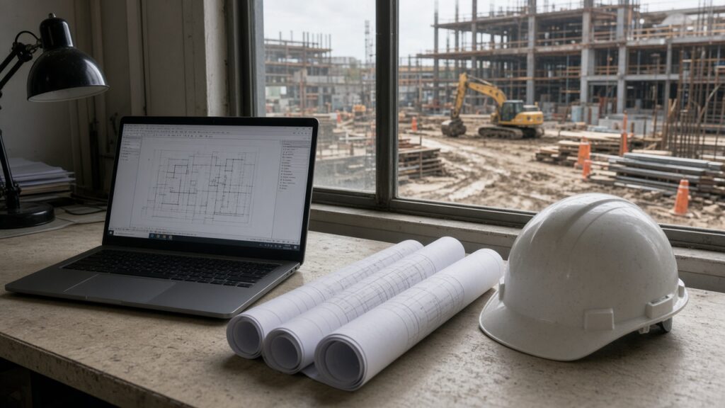 Laptop and blueprints inside a construction site trailer