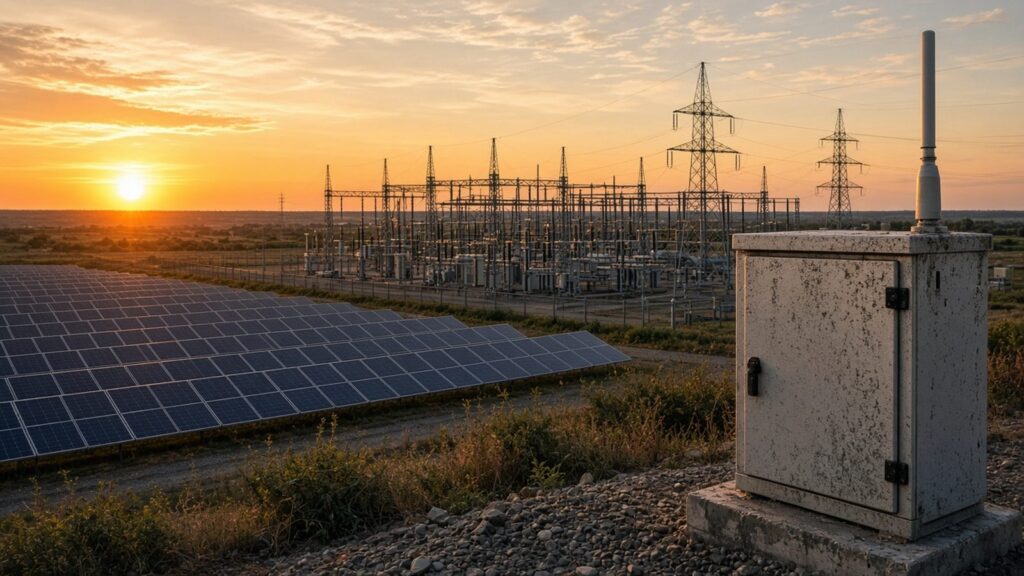 Solar farm and electrical substation at sunset with a remote equipment cabinet