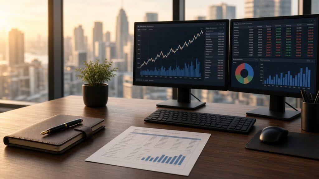 Finance office desk with chart monitors and a printed statement