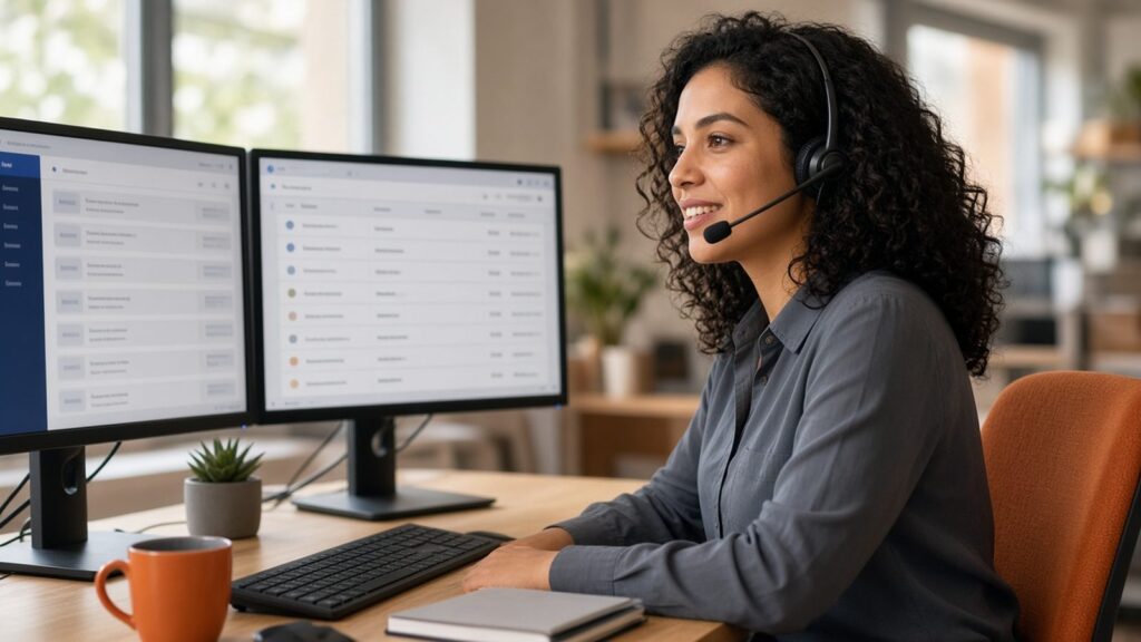 Help desk technician wearing a headset at a bright workstation with two monitors