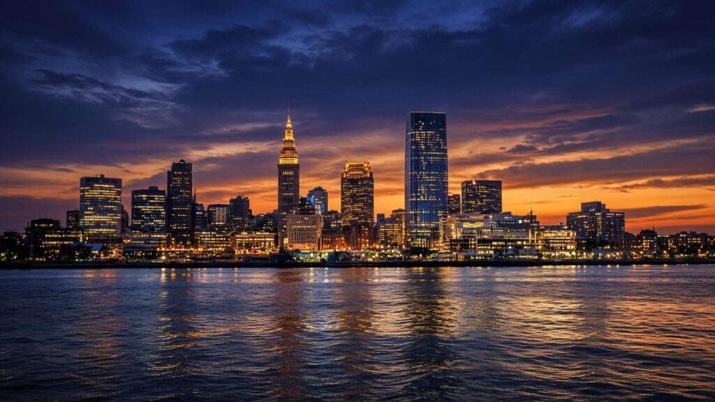 Cleveland skyline at dusk with city lights reflecting on Lake Erie