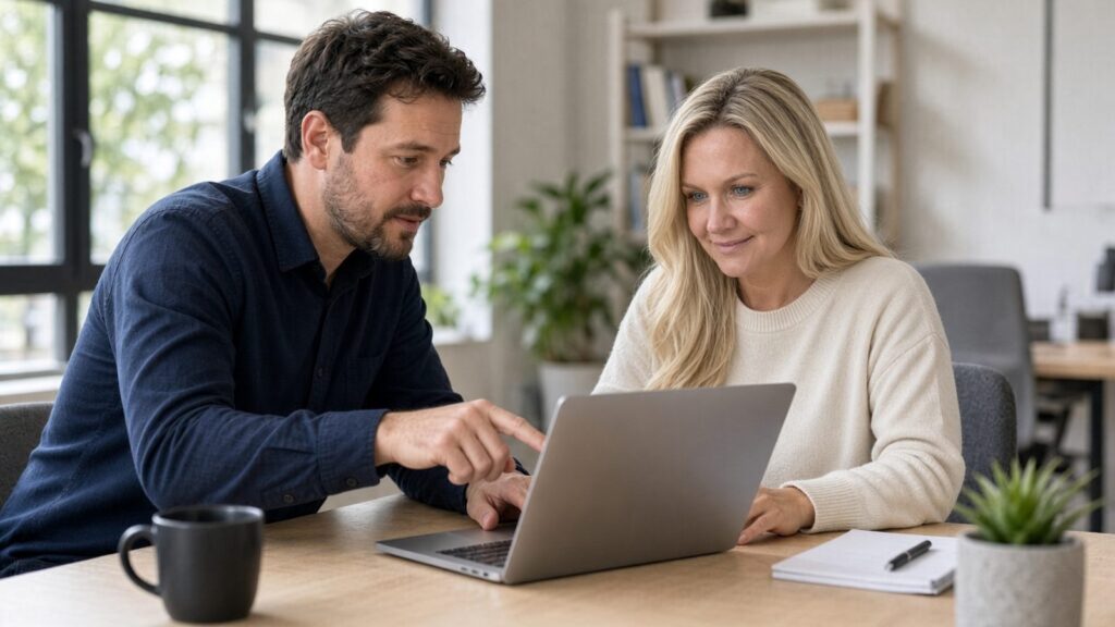 IT technician helping an employee with a laptop in a modern office