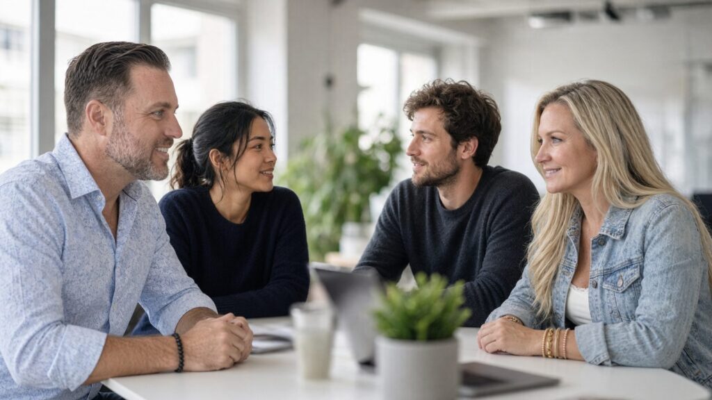 Small, friendly IT team talking together in a bright office
