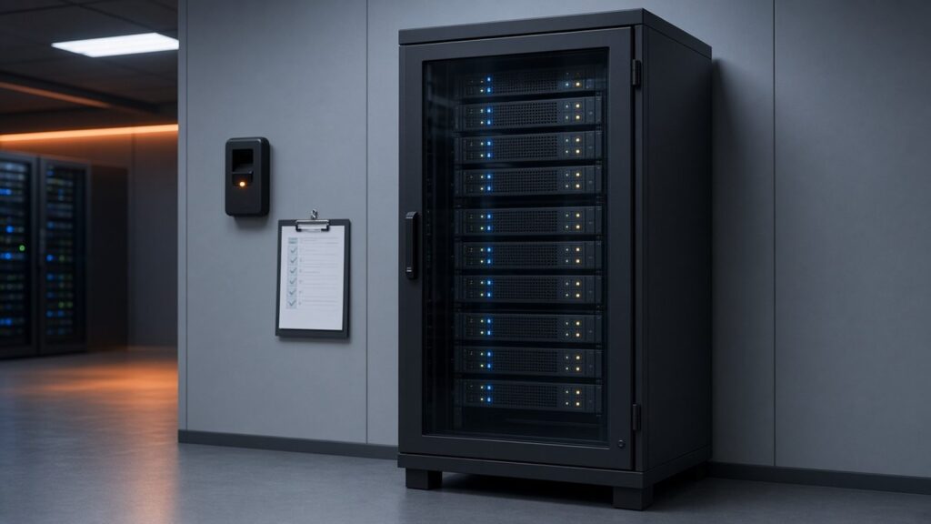 Locked server cabinet with a badge reader and a compliance checklist
