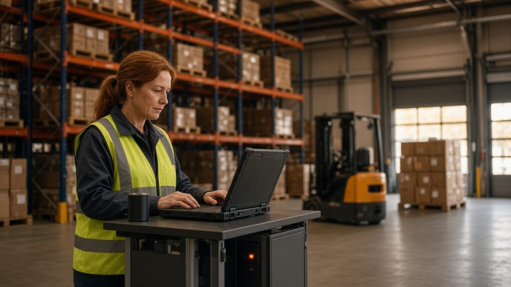 Warehouse dispatcher in a safety vest working on a laptop among storage racks