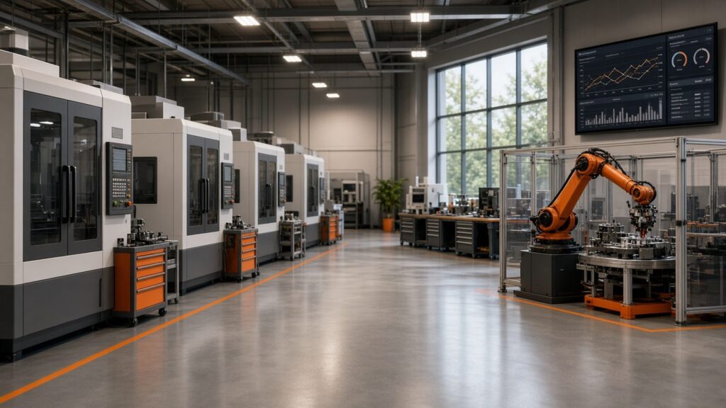 Modern machine shop floor with CNC machines and a robotic arm