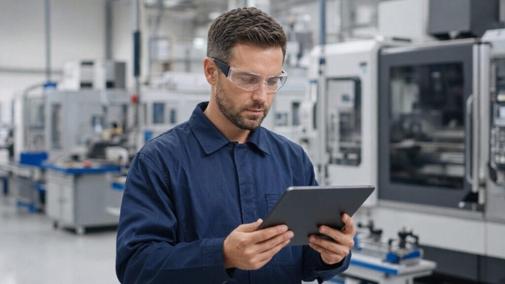 Manufacturing worker in safety glasses using a tablet on the shop floor