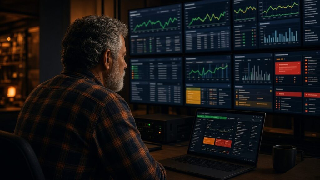 Network operations technician monitoring systems on multiple screens