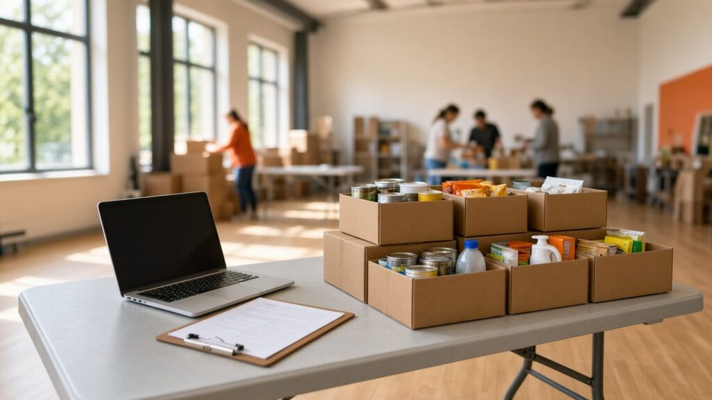 Community center with donation boxes and a laptop on a folding table