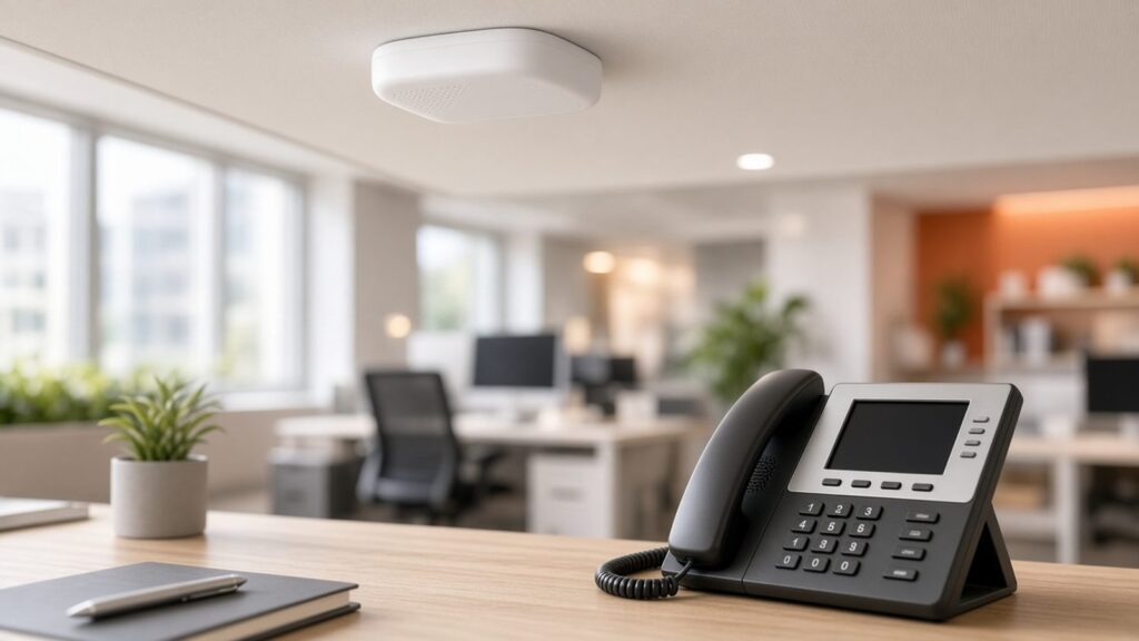 Ceiling Wi-Fi access point in a bright office with a desk phone in the foreground