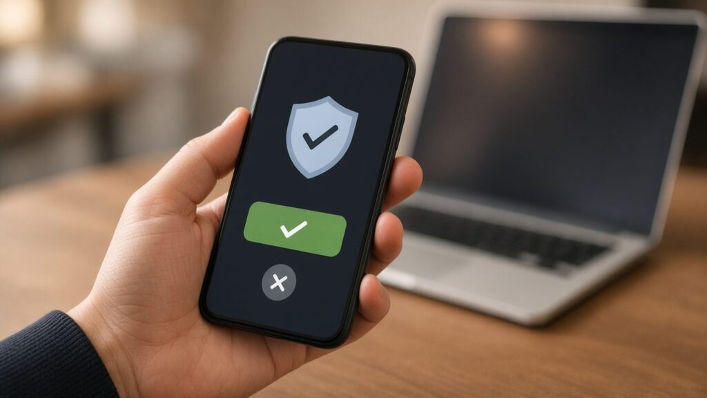 Hand holding a phone showing a multi-factor authentication approval prompt