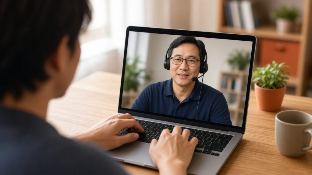 IT technician on a remote support video call with a headset-wearing colleague on a laptop