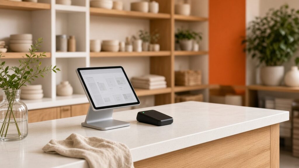 Retail shop counter with a tablet point-of-sale and card reader