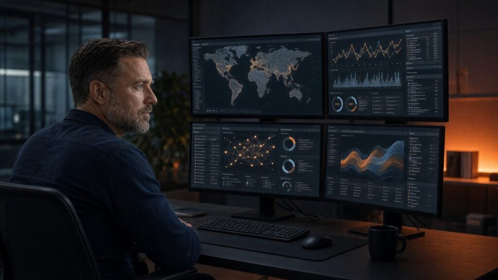 Security analyst reviewing monitoring dashboards on several screens