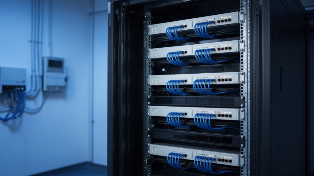 Neatly organized server rack with network switches and tidy cabling
