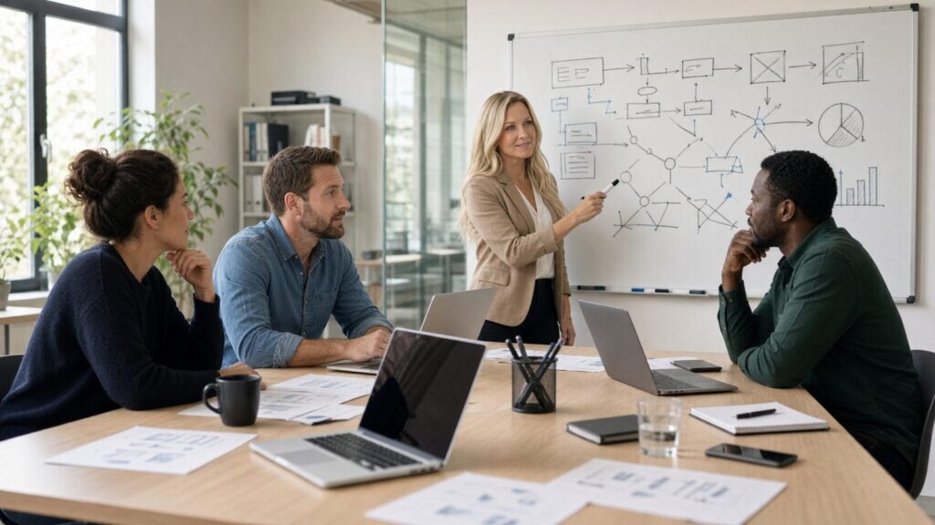 Team meeting around a conference table planning a cloud migration at a whiteboard